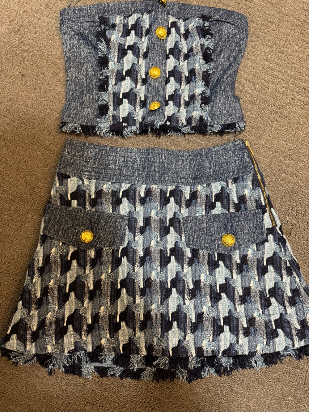 Ramy Brook Two-Piece Denim Bustier & Mini Skirt Set in Navy and Light Blue